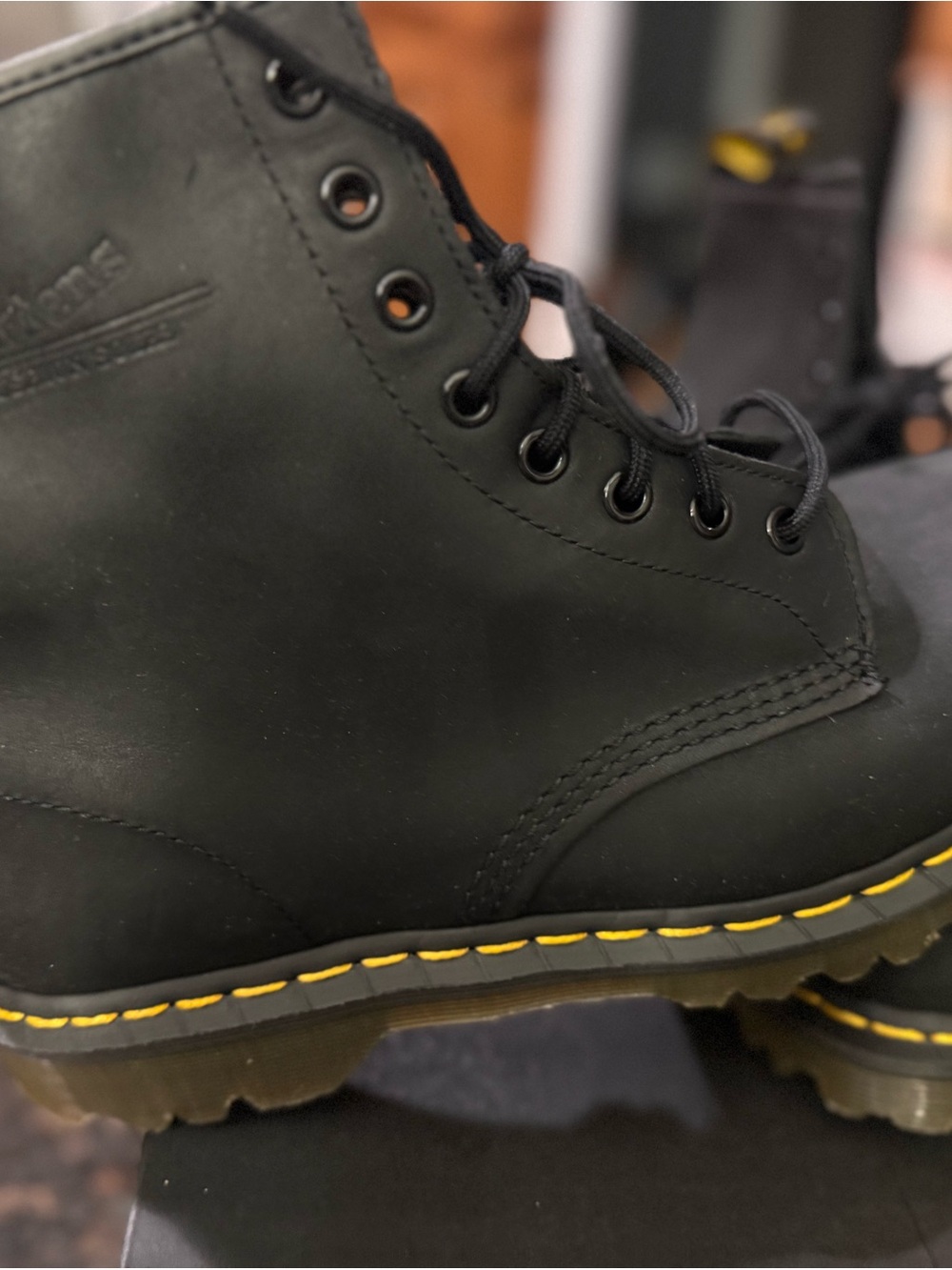 Dr. Martens Black Leather Lace-Up Boots with Yellow Stitching